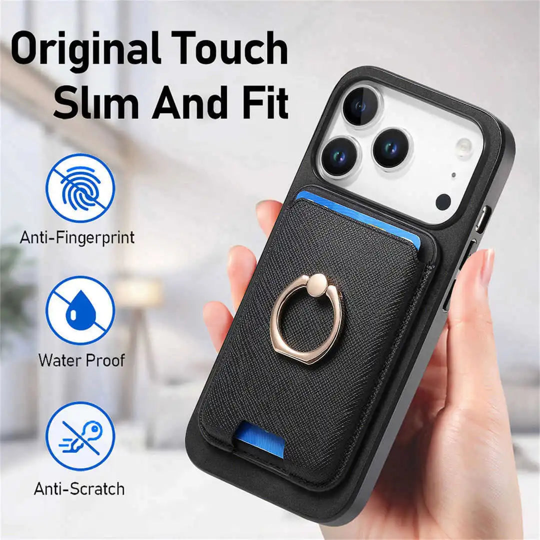 Phone case with ring holder and features text on a blurred background