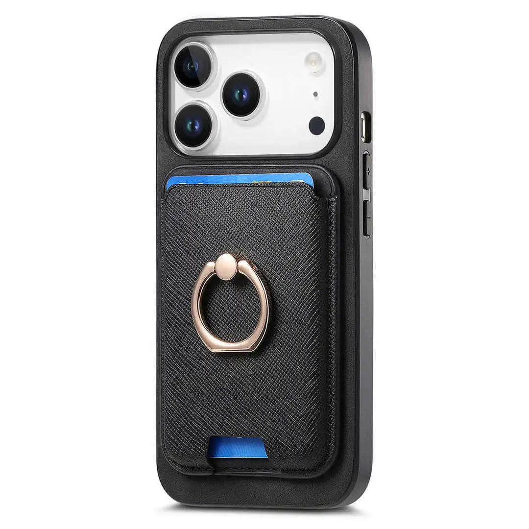 Black iPhone 17 Pro case with card holder and ring stand on a white background