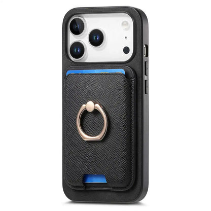 Black iPhone 17 Pro case with card holder and ring stand on a white background