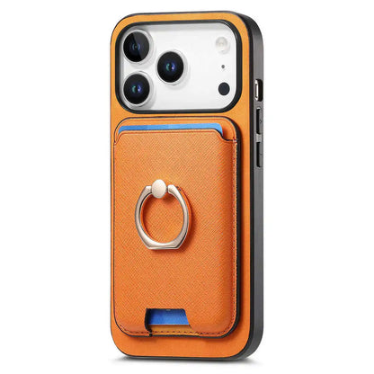 Orange phone case with card holder and ring stand on a white background