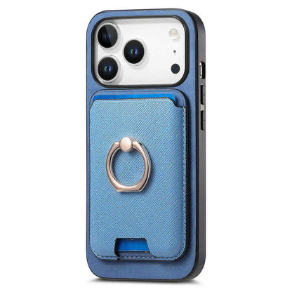 Blue phone case with card holder and ring stand on a white background