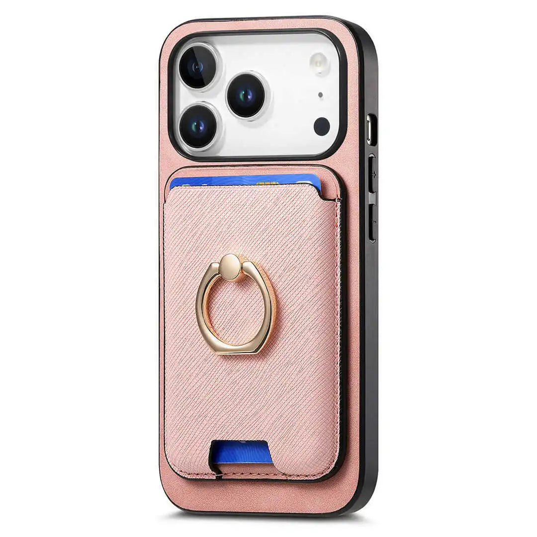 Pink phone case with a ring holder on a white background