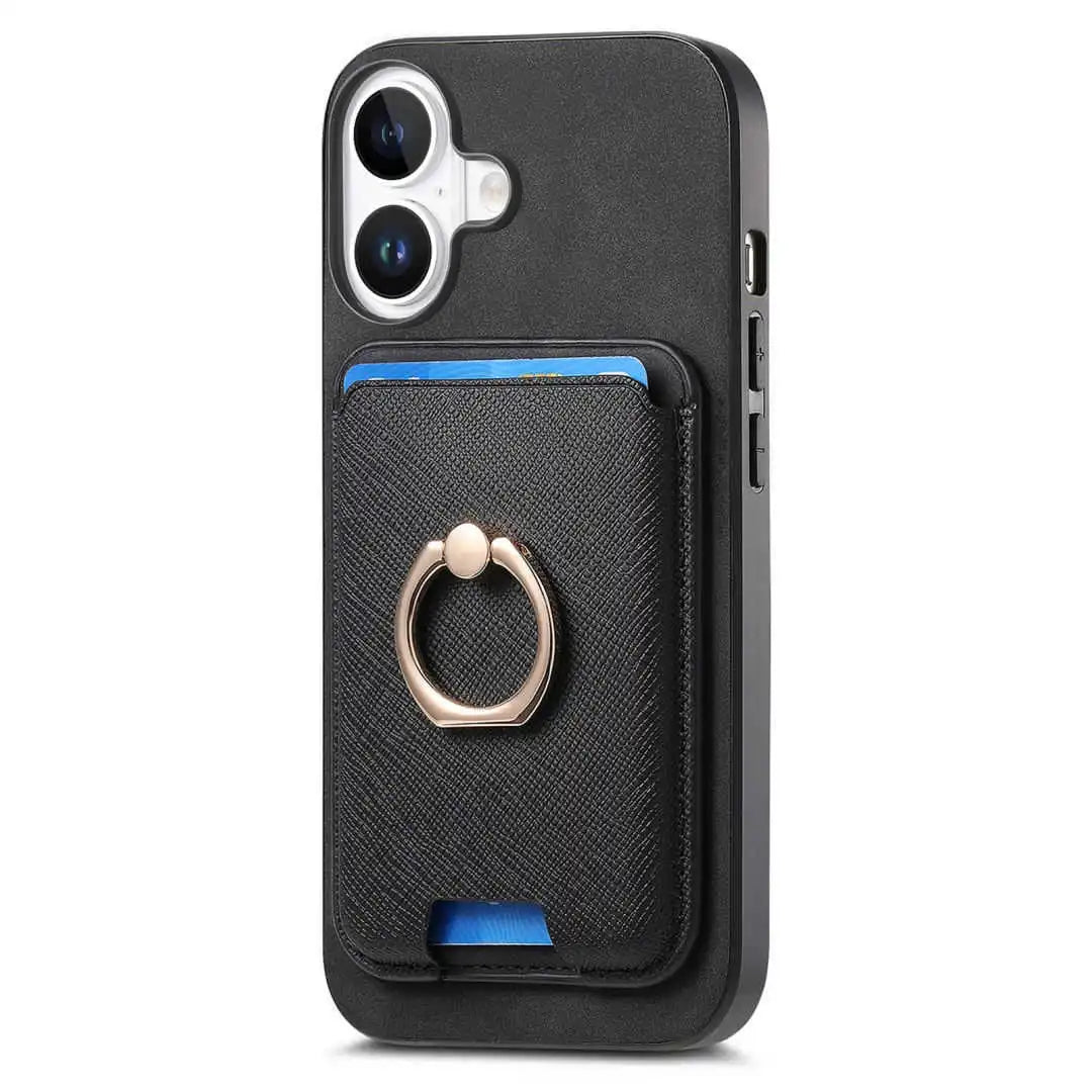 Black iphone 17 case with card holder and ring stand on a white background