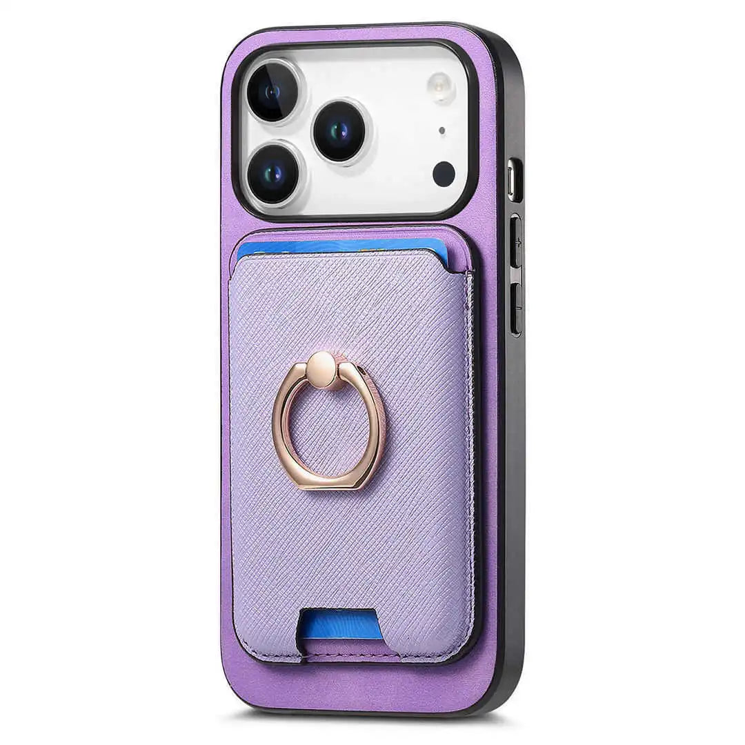 Purple phone case with cardholder and ring stand on a white background