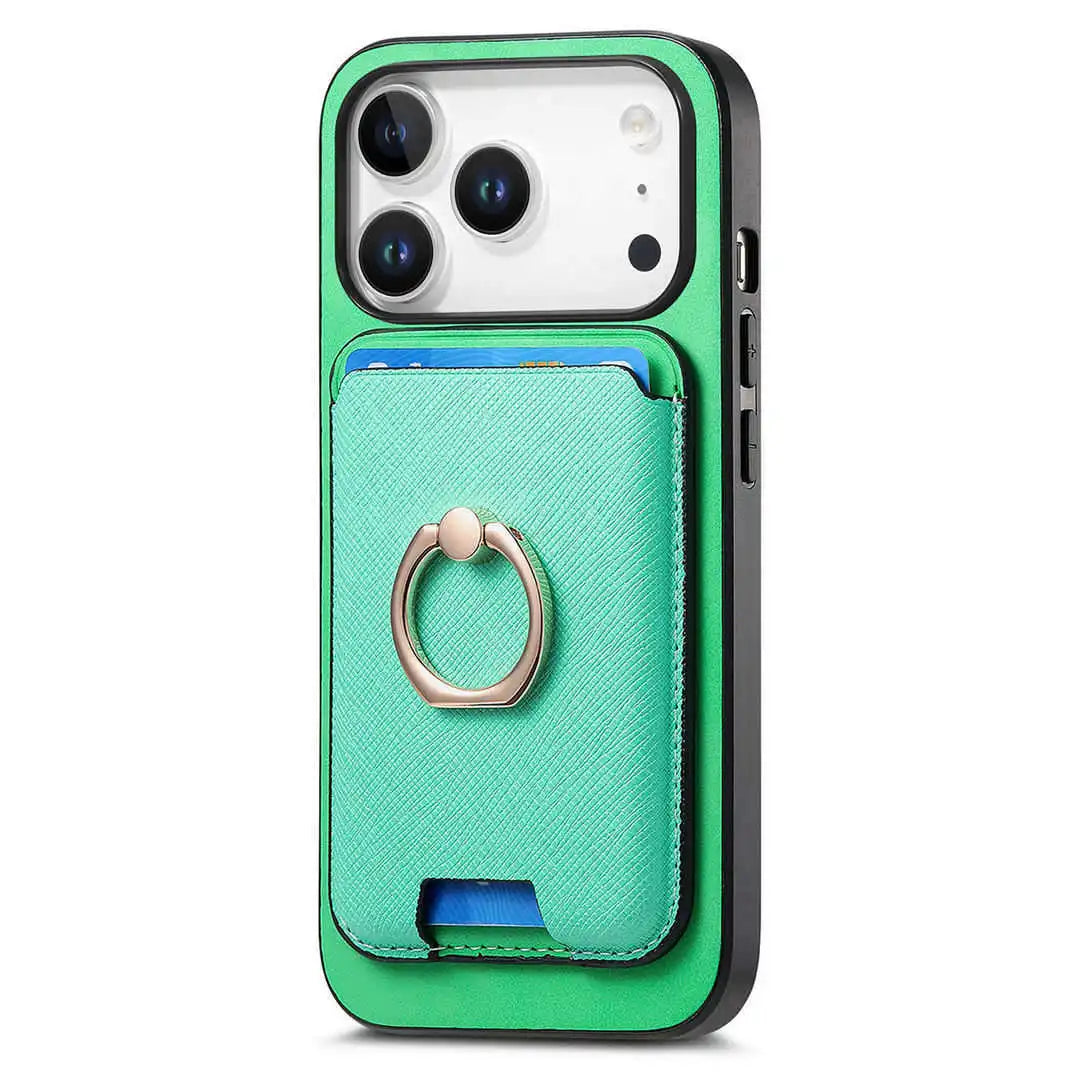 Green phone case with card holder and ring stand on a white background
