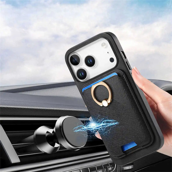 Phone case with car mount and ring holder on a car dashboard