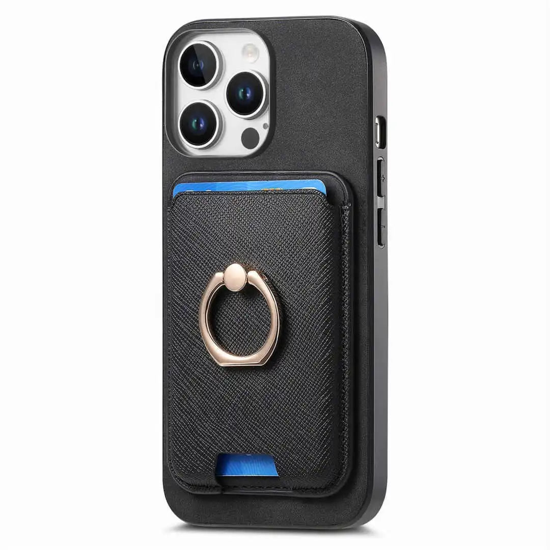 black iPhone 16 Pro case with card holder and ring stand on a white background