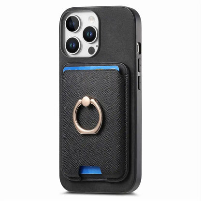 black iPhone 16 Pro case with card holder and ring stand on a white background