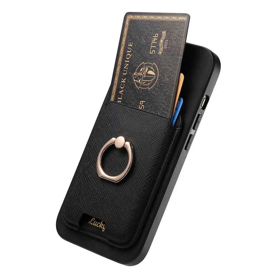 Black phone case with ring holder and card slots on a white background