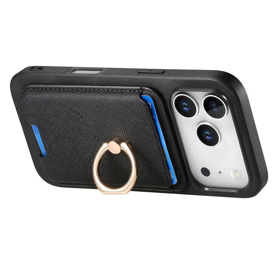 Phone case with card holder and ring stand on a white background