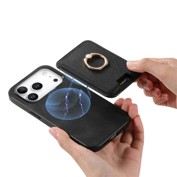 Black phone case with ring holder and detachable wallet on a white background