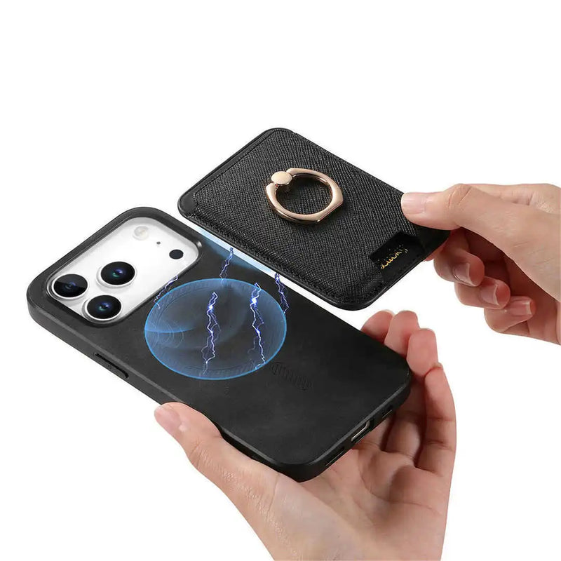 Black phone case with ring holder and detachable wallet on a white background