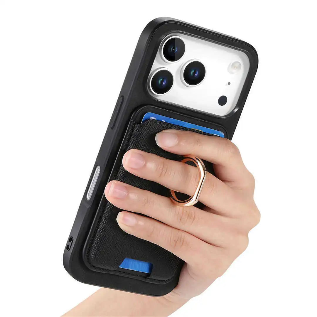 Hand holding a phone case with a ring holder on a white background