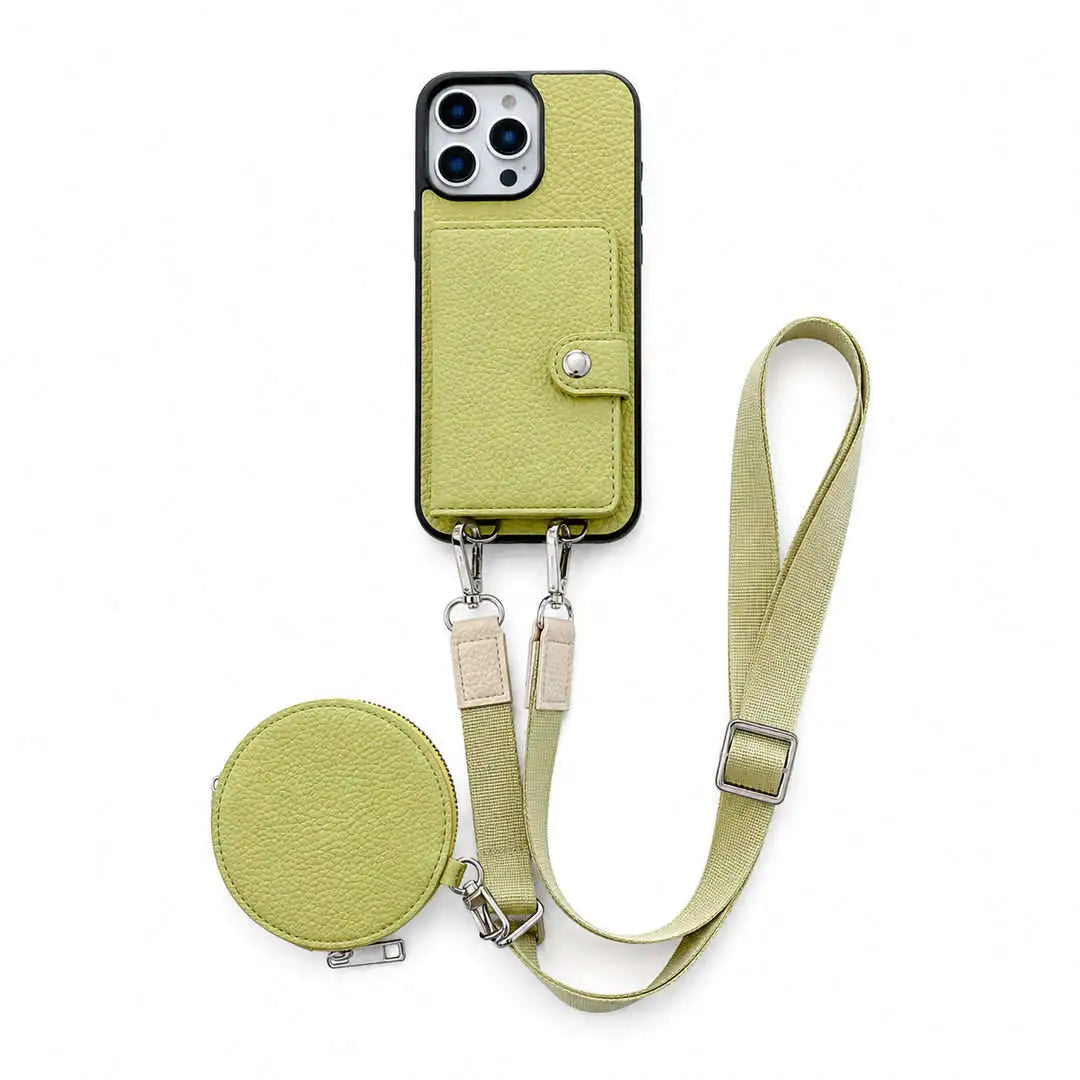 Green wallet phone case with detachable strap on a white background