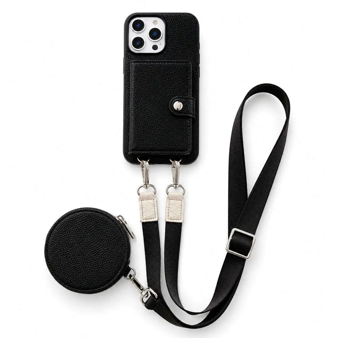 Black wallet phone case with attached strap and coin purse on a white background