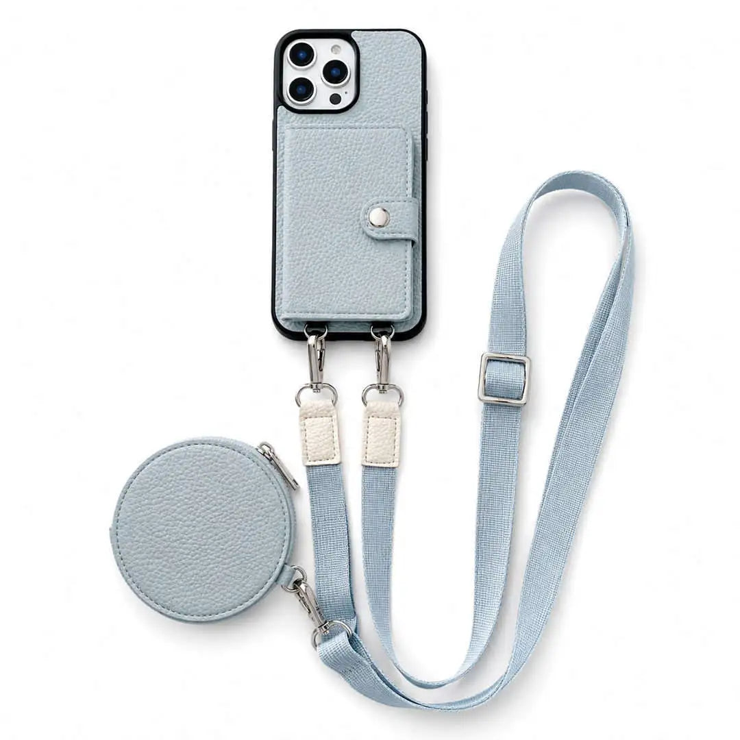 Dusty Blue wallet phone case with attached lanyard and small pouch on a white background