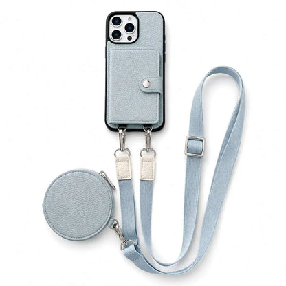 Dusty Blue wallet phone case with attached lanyard and small pouch on a white background