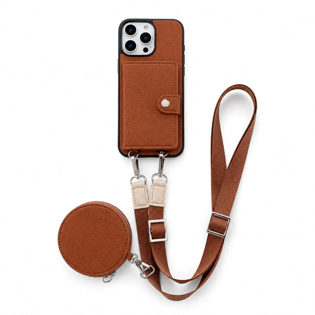 Brown wallet phone case with detachable strap and coin purse on a white background
