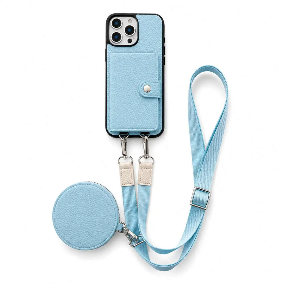 Blue wallet phone case with lanyard and detachable wallet on a white background
