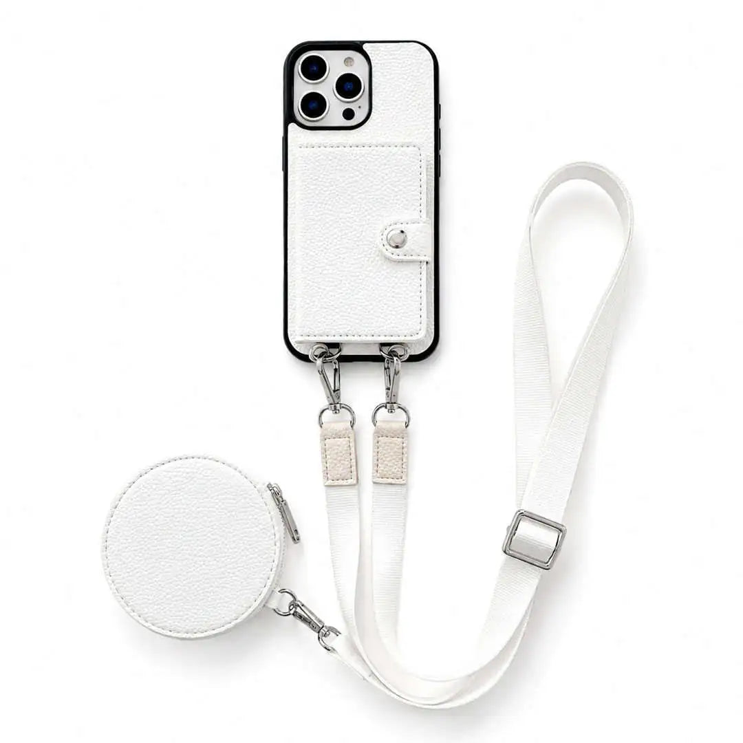 White wallet phone case with attached wallet and lanyard on a white background