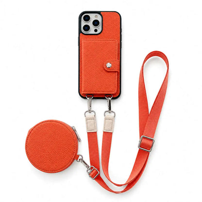 Orange wallet phone case with detachable strap and coin purse on a white background