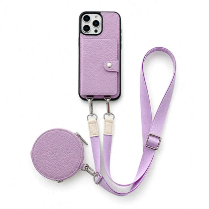 Purple wallet phone case with detachable strap and coin purse on a white background