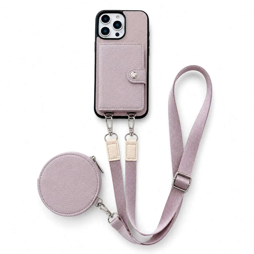 pastel purple wallet Phone case with detachable strap and coin purse on a white background