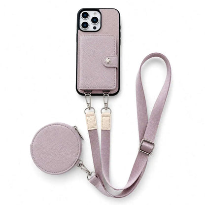 pastel purple wallet Phone case with detachable strap and coin purse on a white background