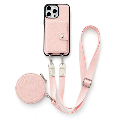 Pink phone case with attached wallet and strap on a white background