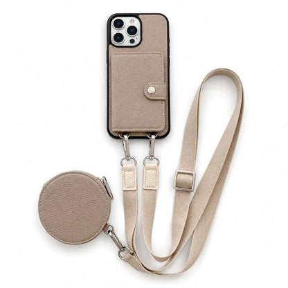 Taupe wallet Phone case with detachable strap and coin purse on a white background
