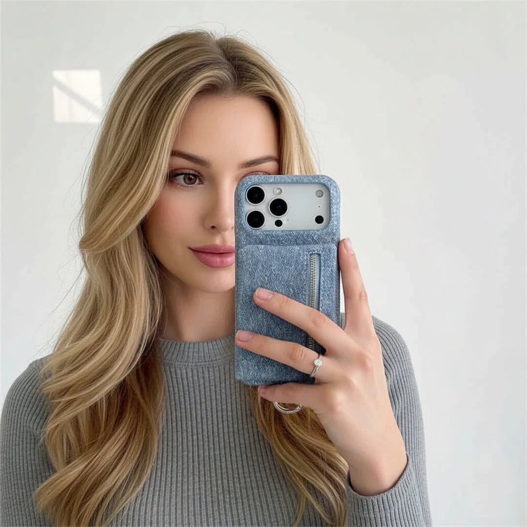 Woman holding a wallet phone against a plain background