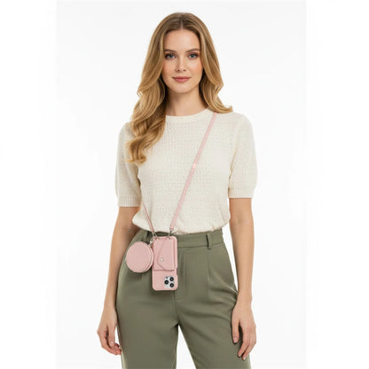 Woman wearing a white top and green pants with a pink crossbody phone set on a white background