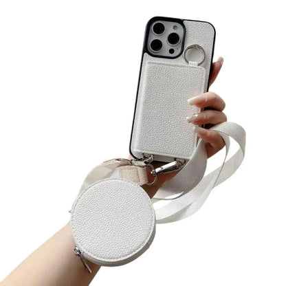 White wallet phone case with detachable strap held by a hand on a white background