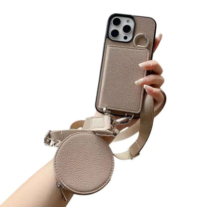 taupe wallet Phone case with detachable pouch and strap held by a hand on a white background