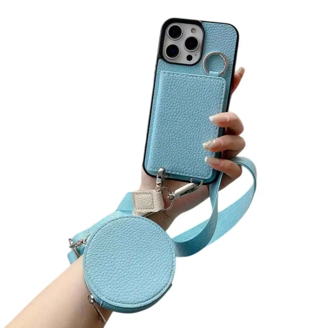 Light blue phone case with detachable strap held by a hand on a white background