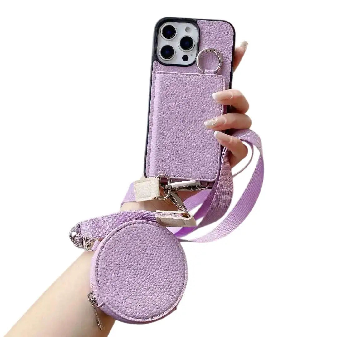 Purple phone case with a matching keychain held by a hand on a white background