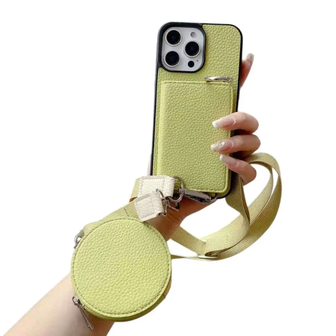 Lime geren phone case with detachable round pouch and strap held by a hand on a white background