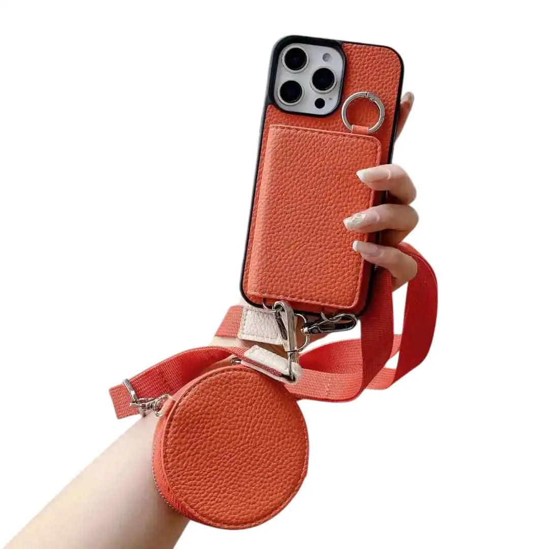 Orange phone case with a matching round pouch held by a hand on a white background