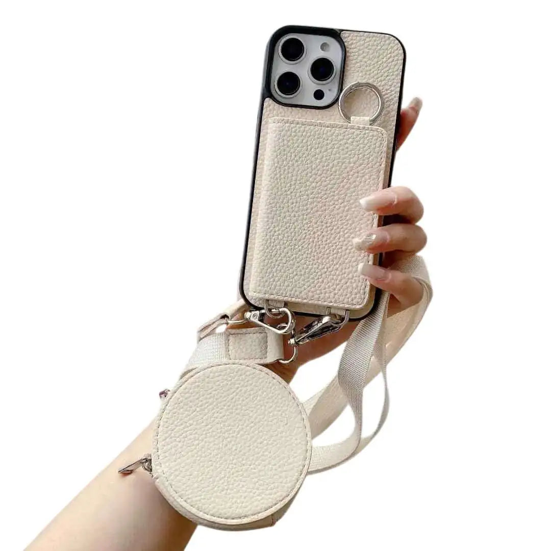 beige Phone case with detachable strap held by a hand on a white background
