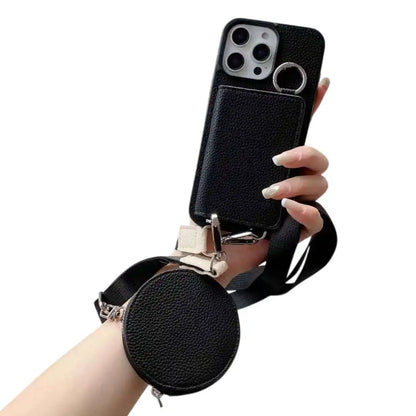Black wallet phone case with a detachable strap held by a hand on a white background