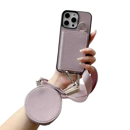 pastel purple phone case with detachable strap held by a hand on a white background