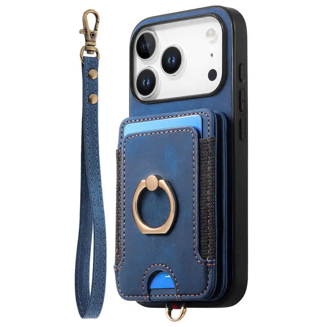 navy leather iPhone wallet case