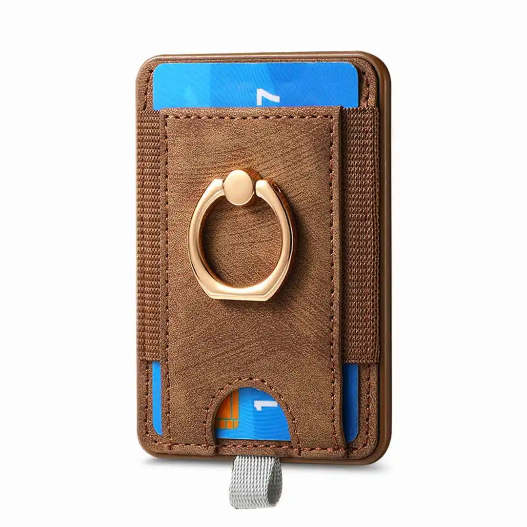 Brown wallet with card slots and gold ring holder on a white background