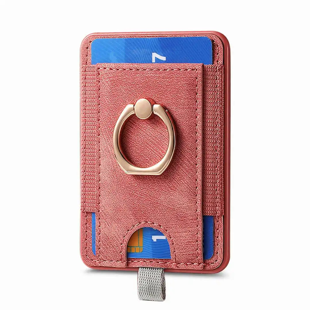 Pink cardholder with a gold ring and cards on a white background
