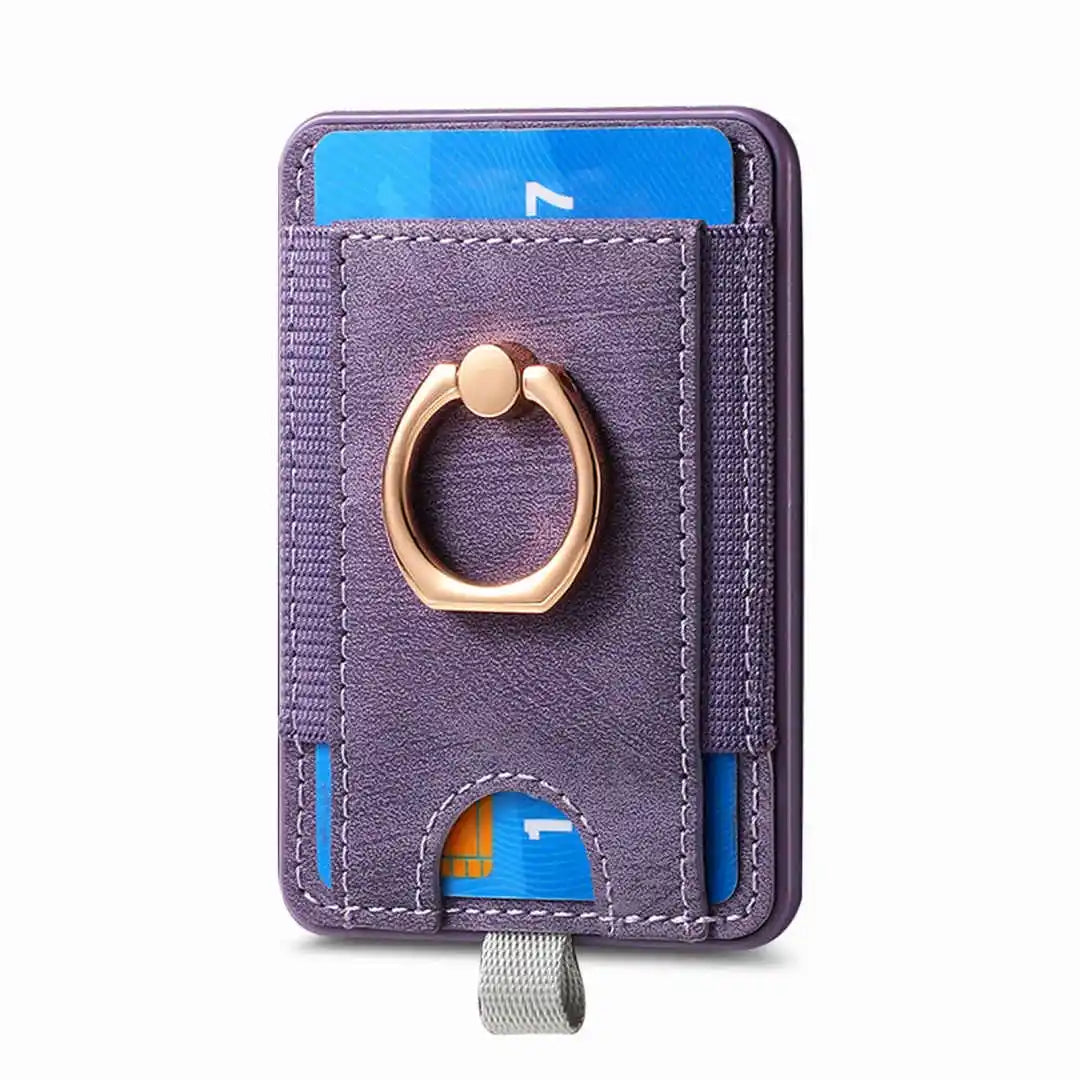 Purple wallet with card slots and gold ring holder on a white background