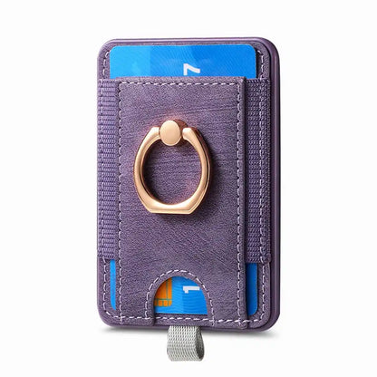Purple wallet with card slots and gold ring holder on a white background