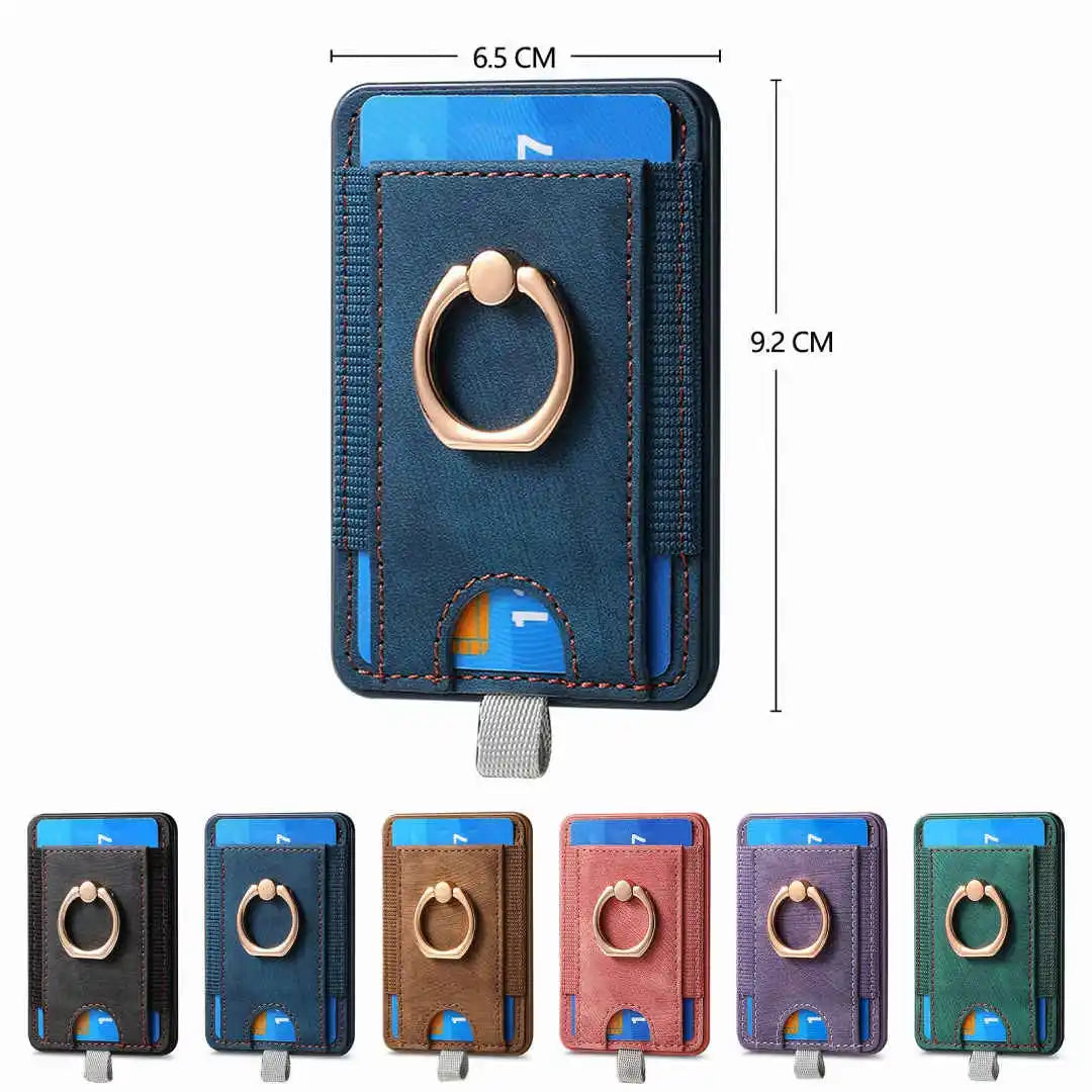Blue cardholder with ring stand and measurements on a white background