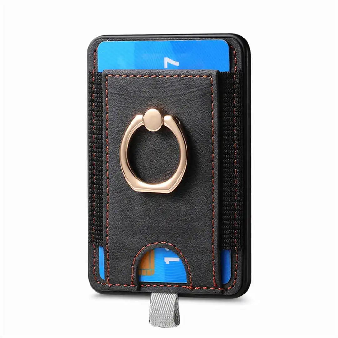 Black wallet with card slots and ring holder on a white background