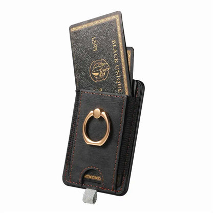 Black wallet with gold ring holder on a white background