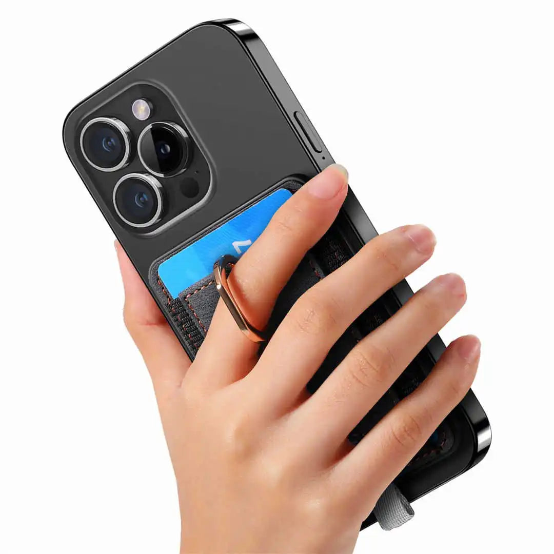 Hand holding a smartphone with a magnetic card holder on a white background